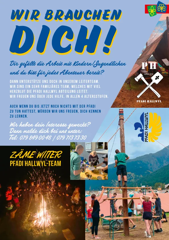 Flyer: Pfadi Hallwyl Flyer Leiteraufruf – Gestaltung von Lindenmann Creativity, Seengen AG