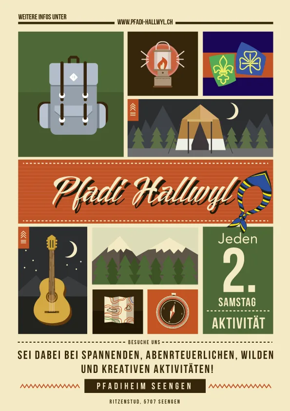 Flyer: Pfadi Hallwyl Flyer, Vorderseite – Gestaltung von Lindenmann Creativity, Seengen AG